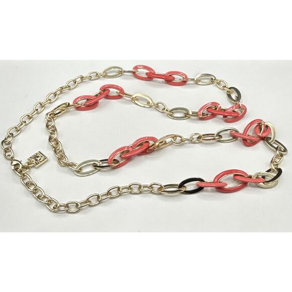 Vintage Anne Klein Necklace 38" Pink Enamel Gold Tone Chain Link Single Strand - Picture 3 of 8